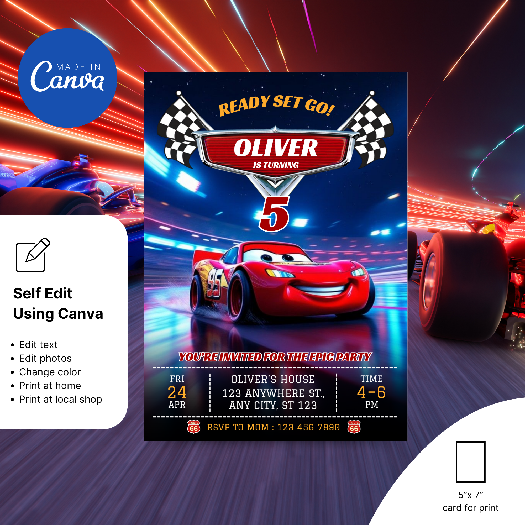 Cars movie birthday invite red and yellow racing theme