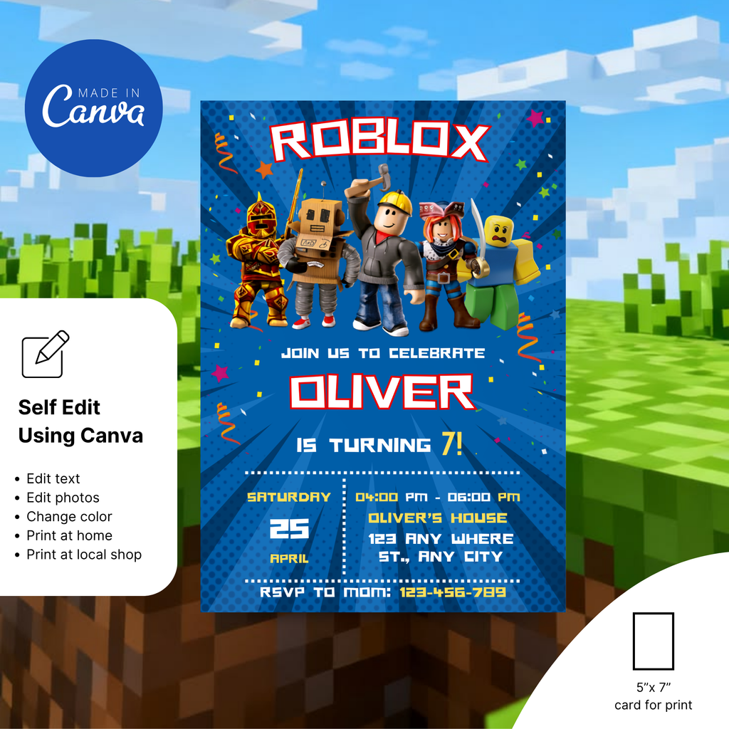 Digital Roblox birthday invite for boys party