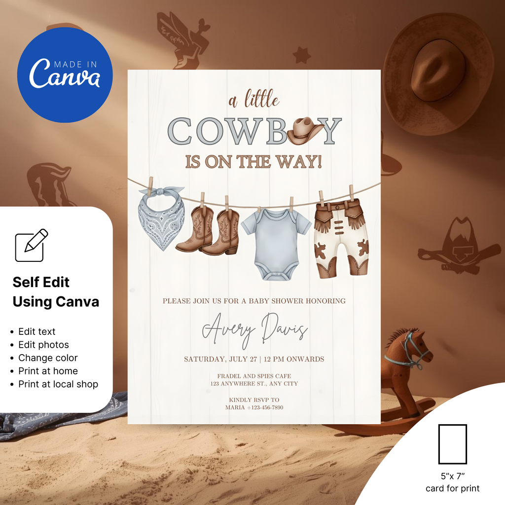 Cowboy baby shower invitation with rustic western theme, cowboy hat and boots design
