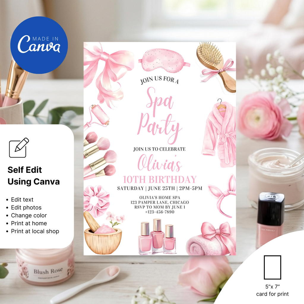 Sleepover spa birthday invitation pink aesthetic design