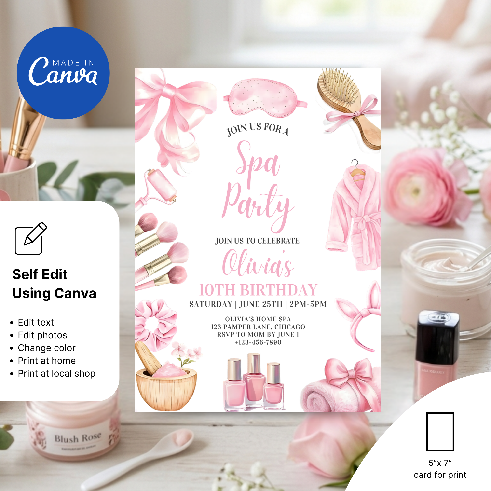Sleepover spa birthday invitation pink aesthetic design