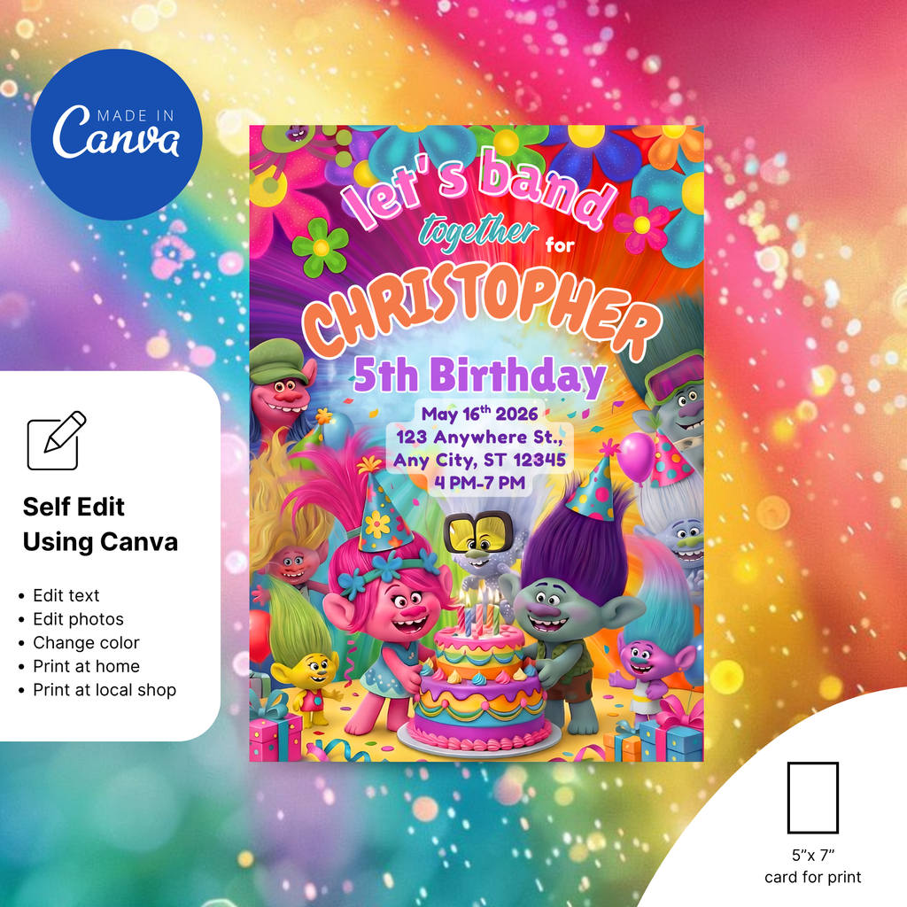 Trolls birthday invitation with kids photo
