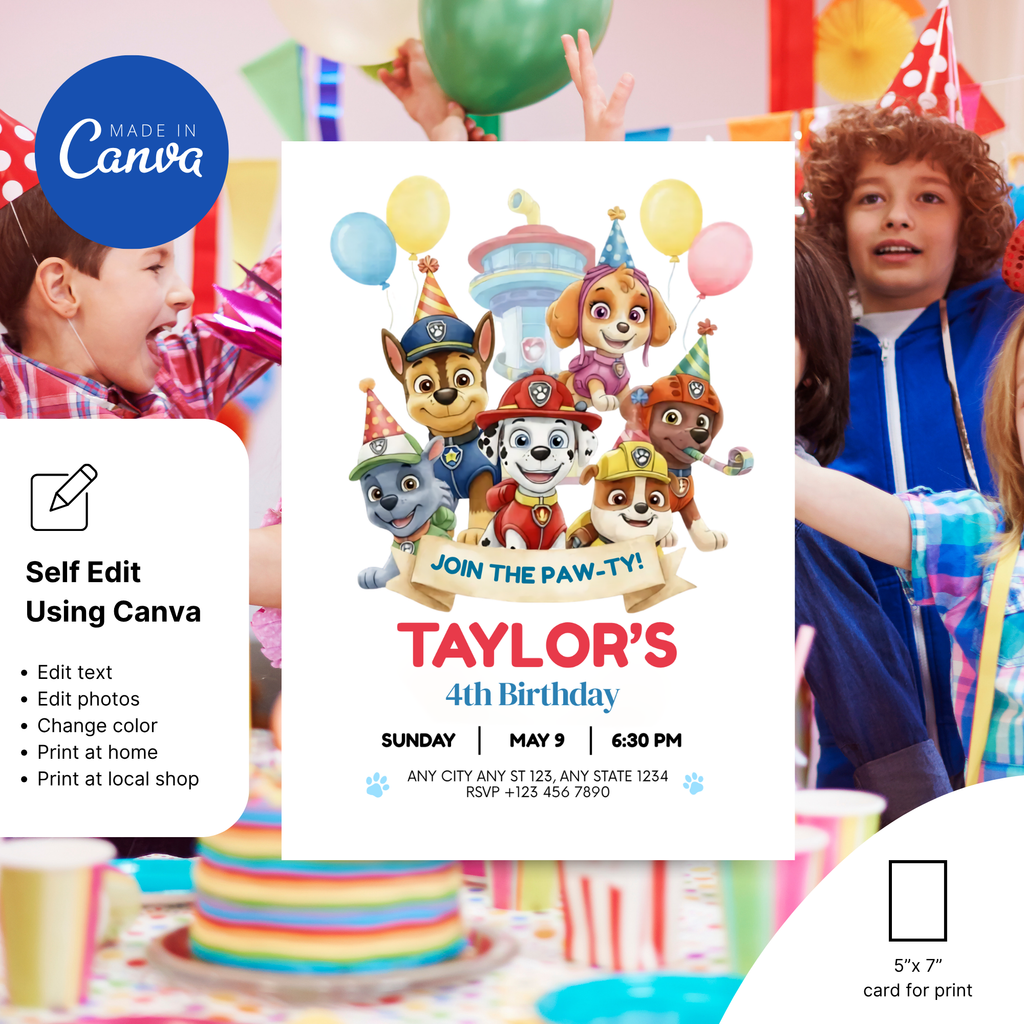 paw patrol themed birthday invitation canva