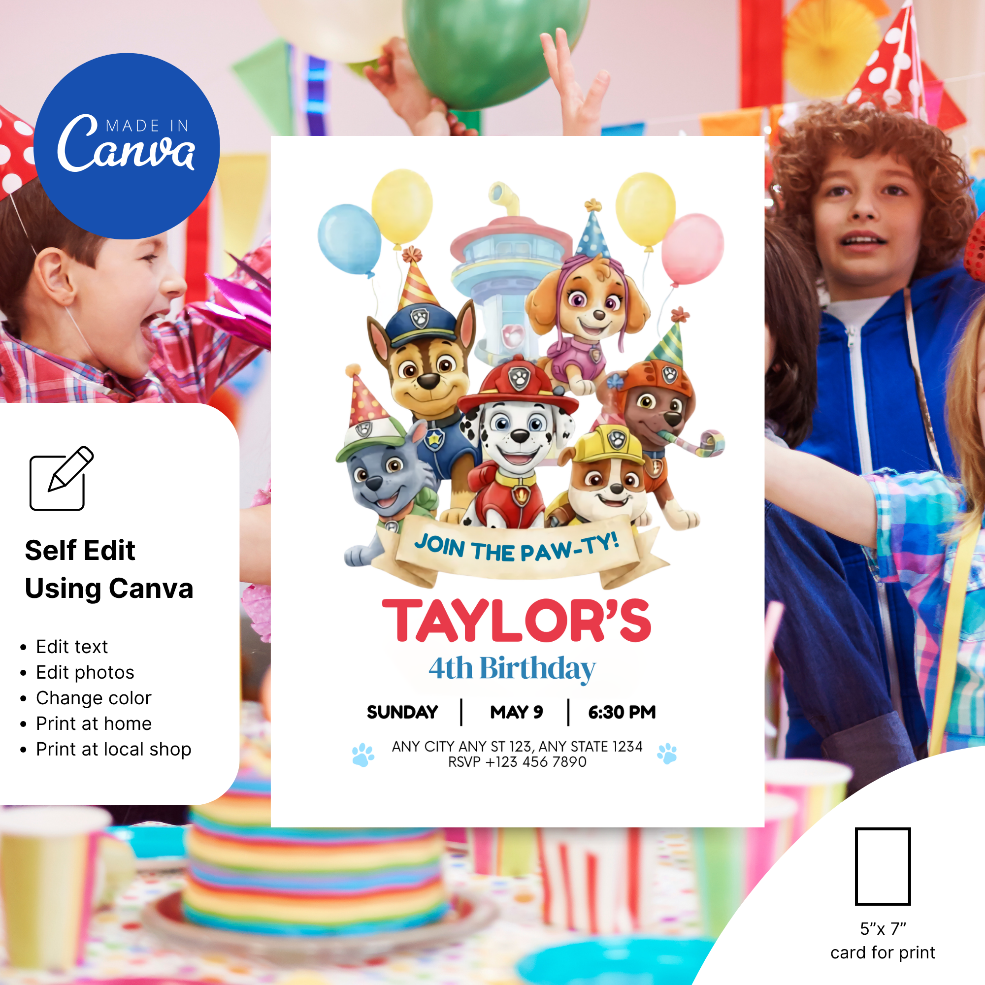 paw patrol themed birthday invitation canva