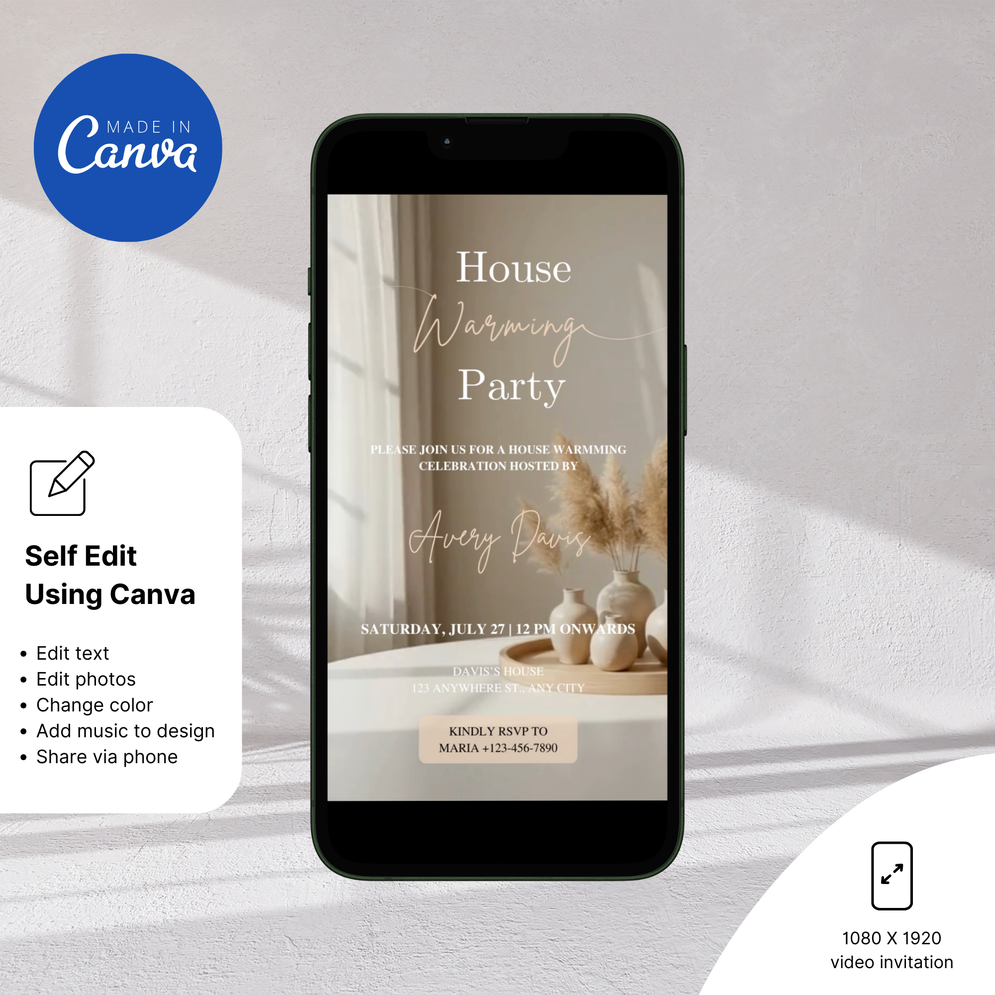 Editable housewarming party invitation design for new home celebration