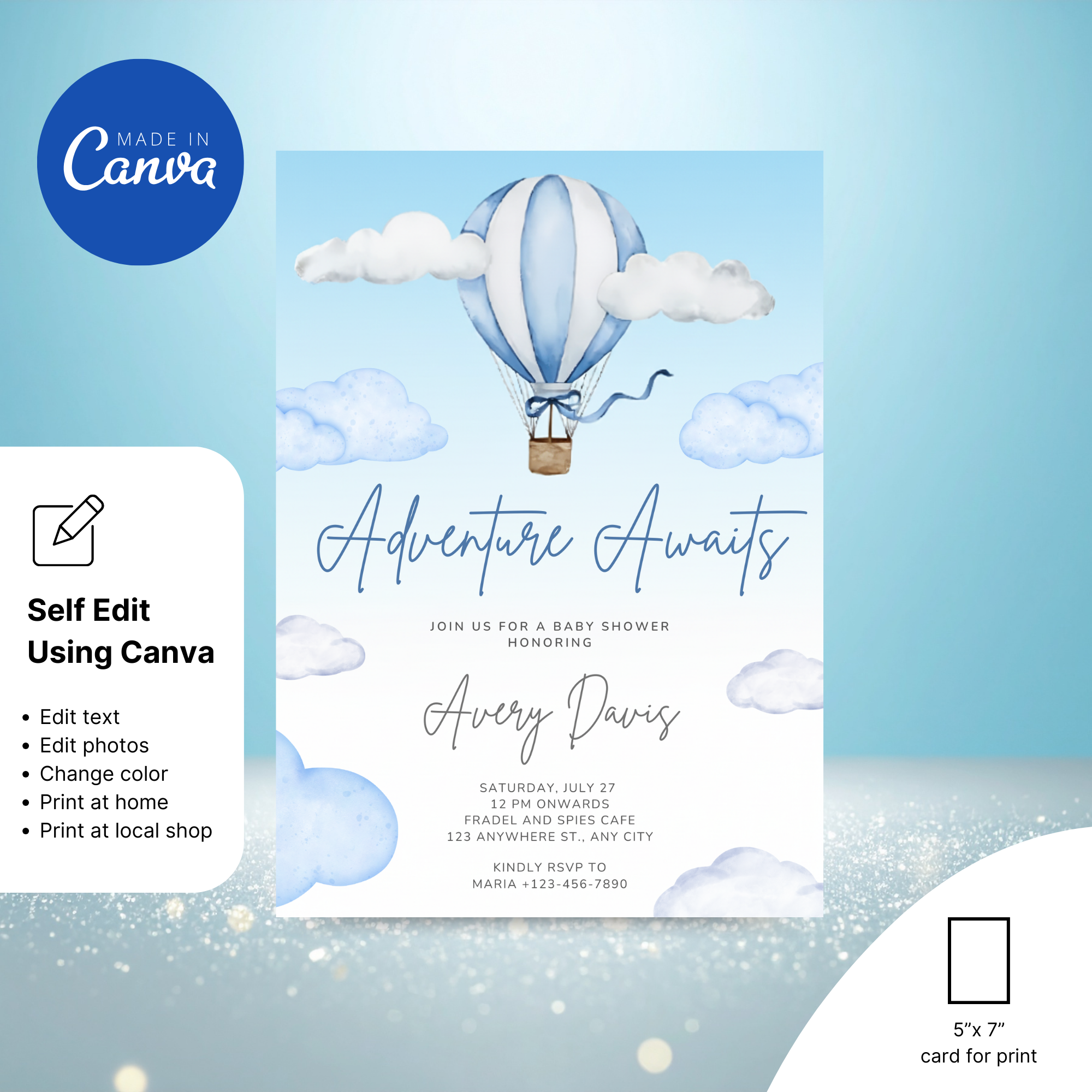 Adventure Awaits Baby Shower Invitation Air Balloon Up with pastel hot air balloons