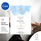 Boy baptism invitation with blue cross and elegant typography