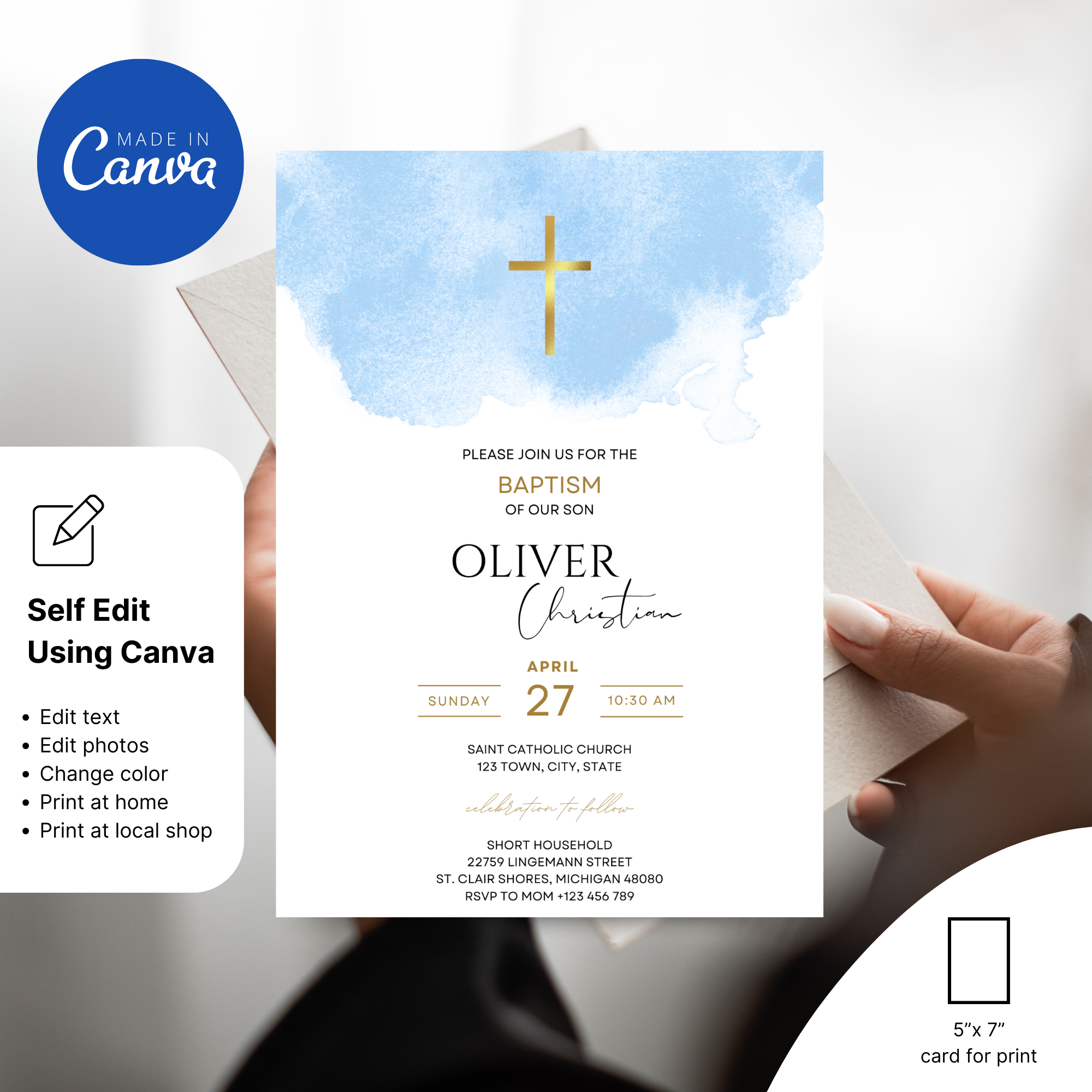 Boy baptism invitation with blue cross and elegant typography