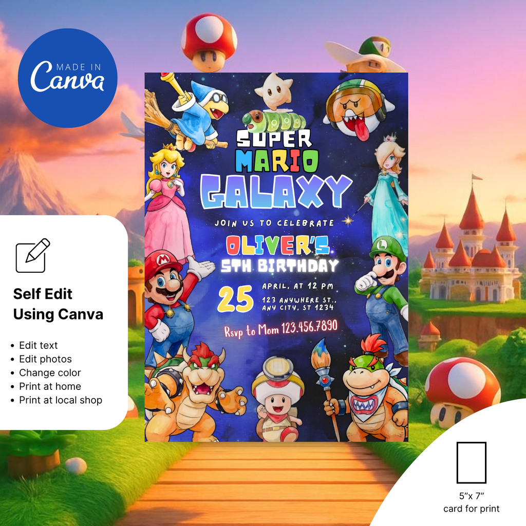 Mario galaxy party invite with space and planets design