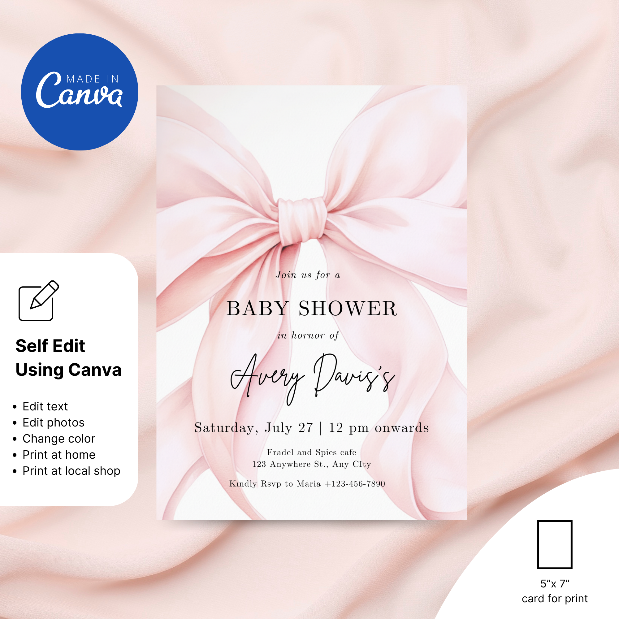 Blush Pink Bow Baby Shower Invitation Template with soft pink background and elegant bow design