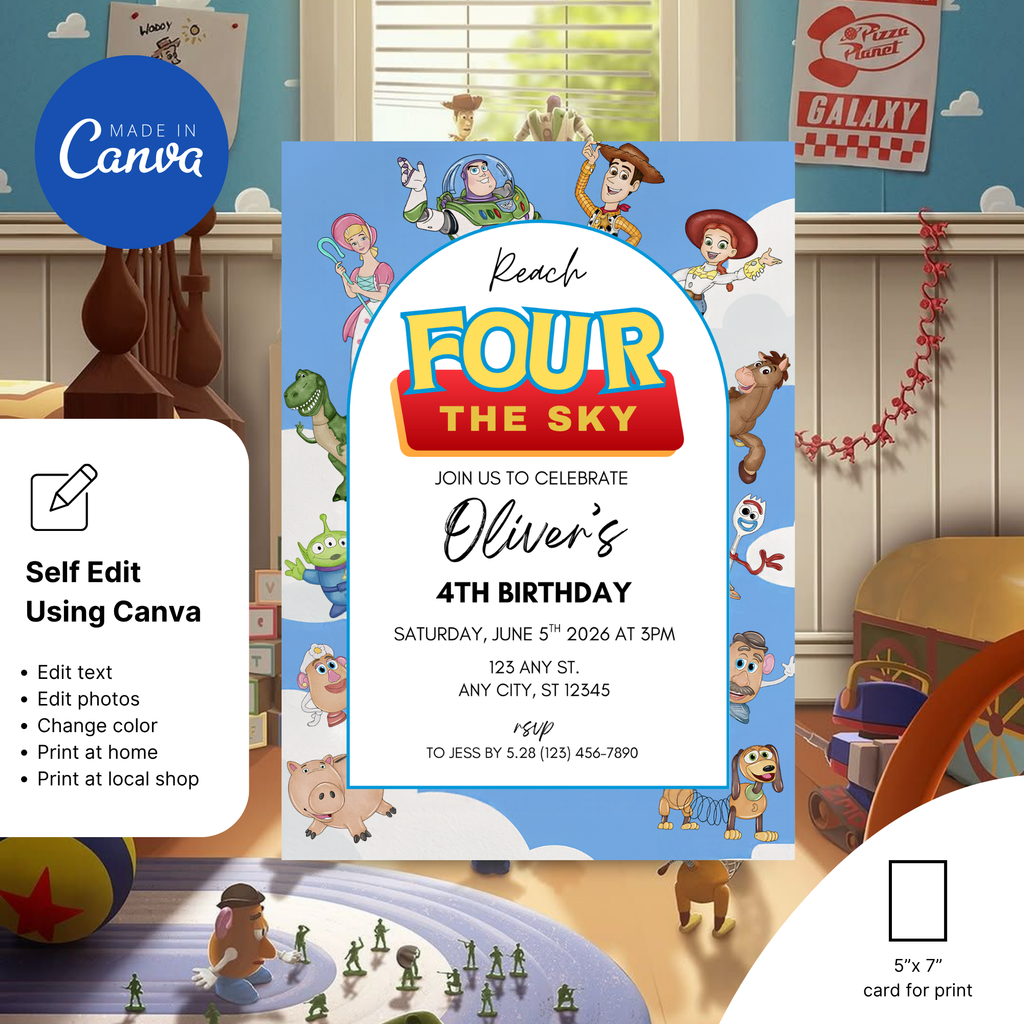 Toy Story 4th birthday party invitation Canva design