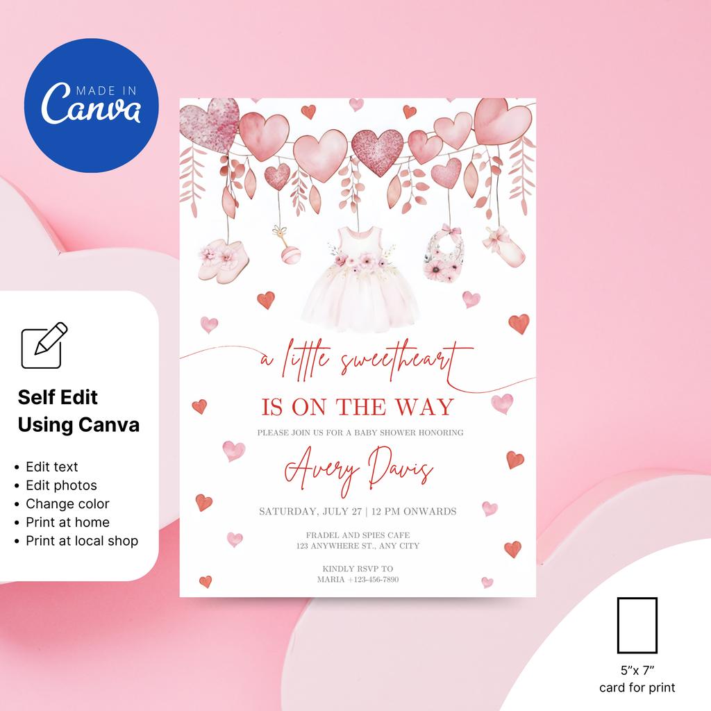 Little Sweetheart Baby Shower Invitation with pink heart design