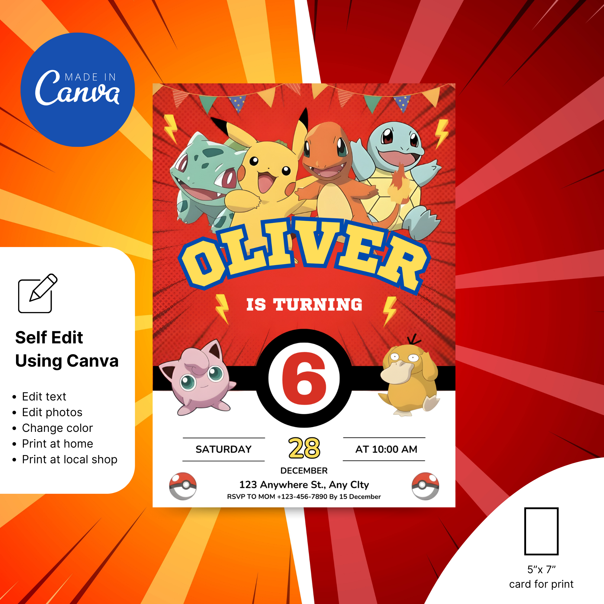 Pokemon birthday invitation with Pikachu theme