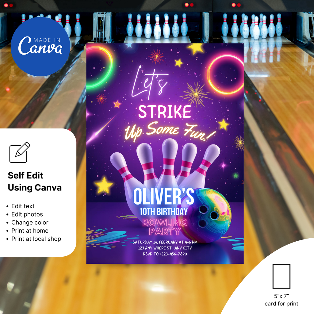 Bowling party invitation printable digital download
