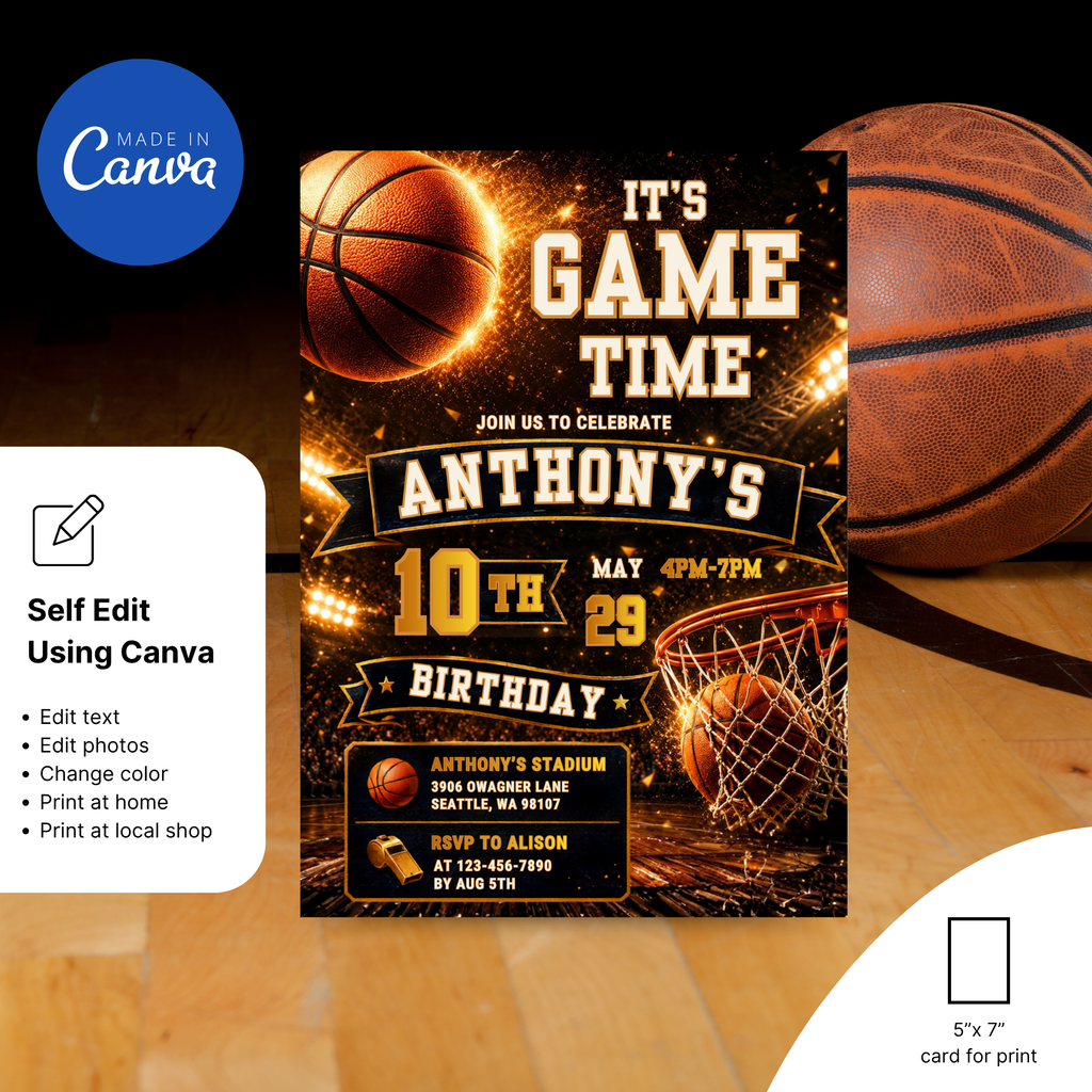 Modern basketball invitation Canva template