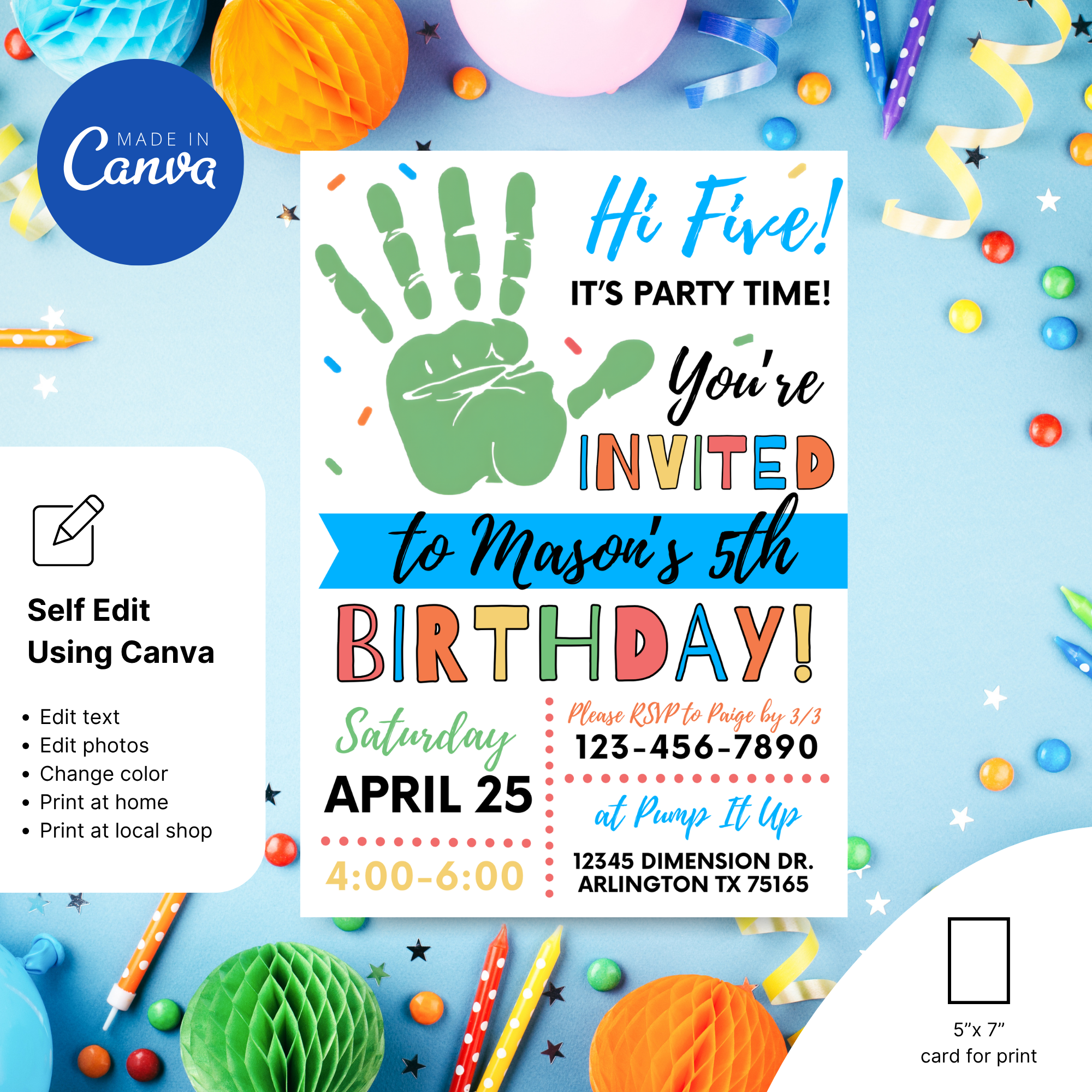 Customizable Canva birthday invitation age 5