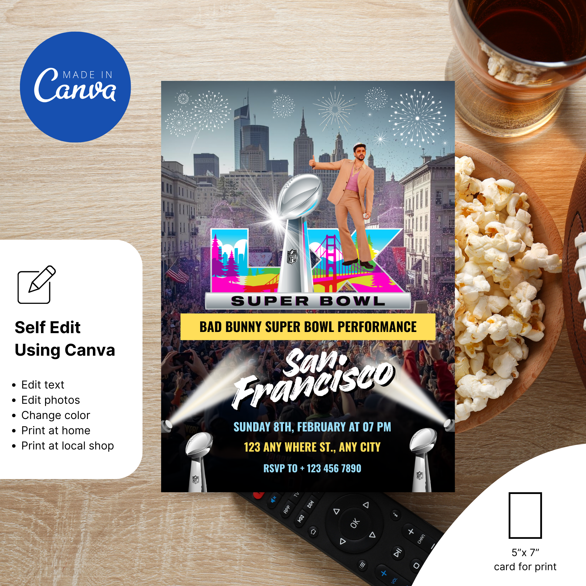 Editable Canva template for 2026 Bad Bunny Super Bowl party invitation with customizable text and layout