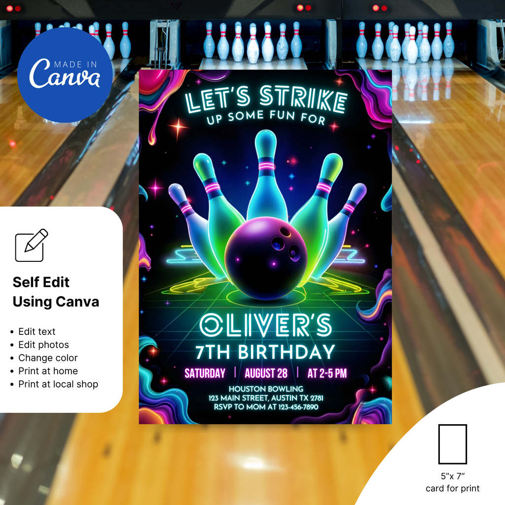 bowling birthday invitation digital download template
