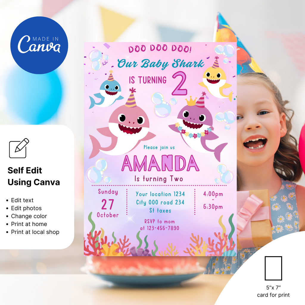 Cute Baby Shark birthday invitation for toddler party