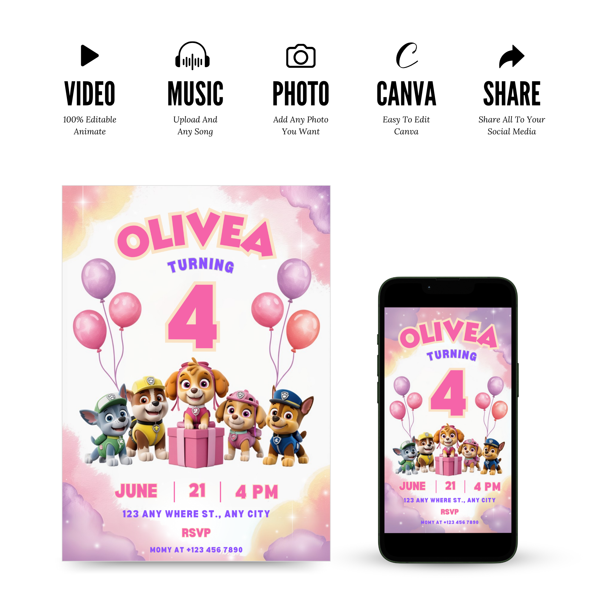 Pink Paw Patrol Digital Invitation for Girls