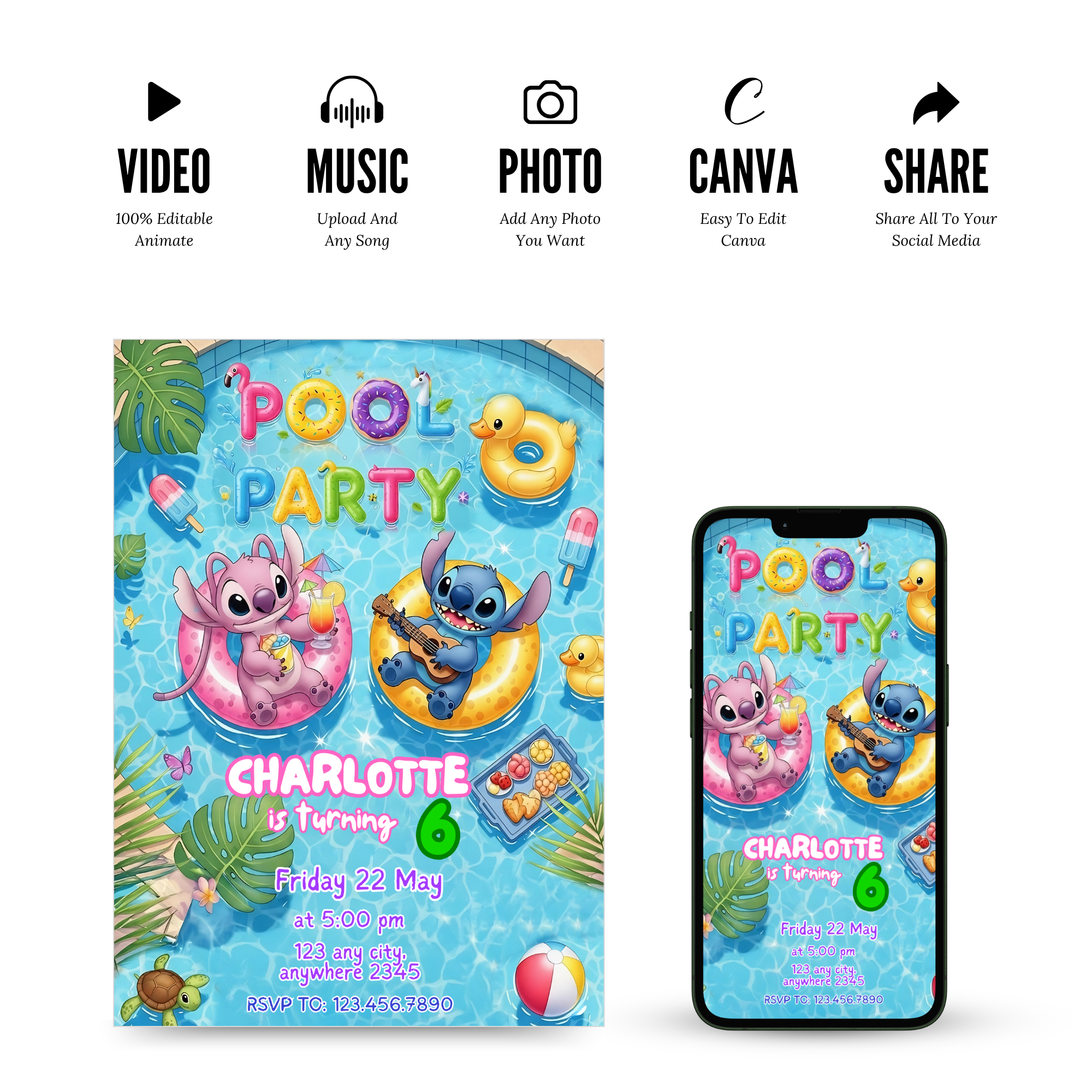 Cartoon tropical pool birthday invitation for boys and girls