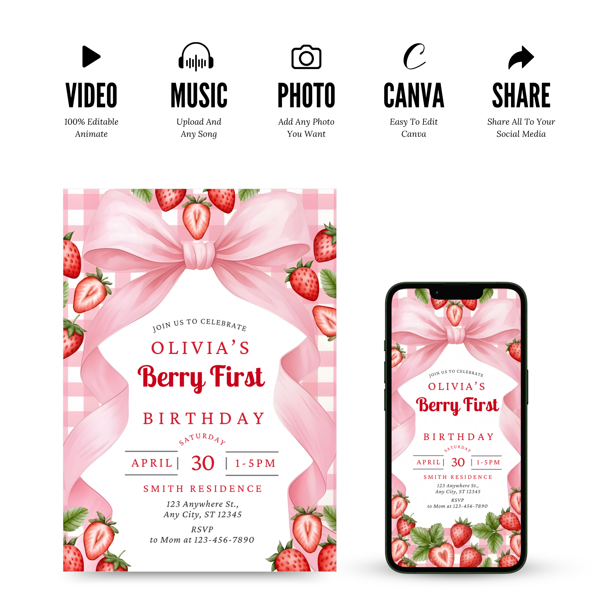 strawberry theme first birthday invitation girl