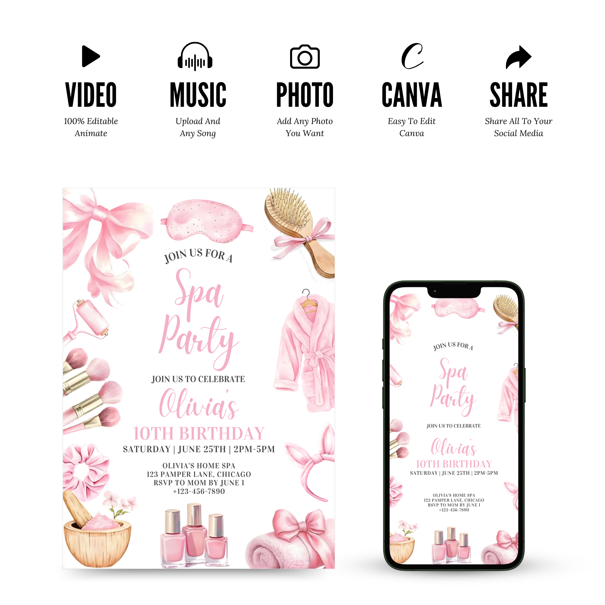 Kids pamper party invitation with robe and beauty elements