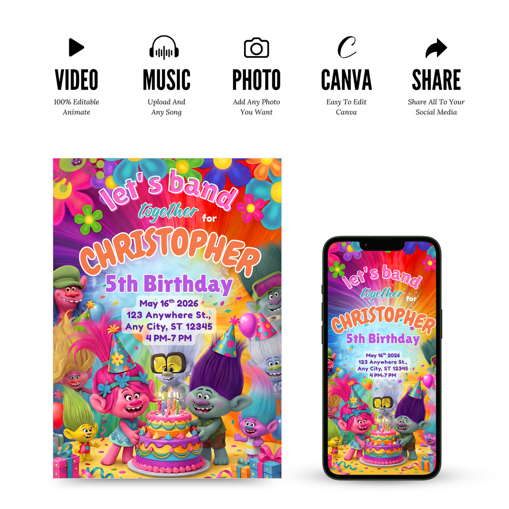 Glitter trolls party invite colorful background