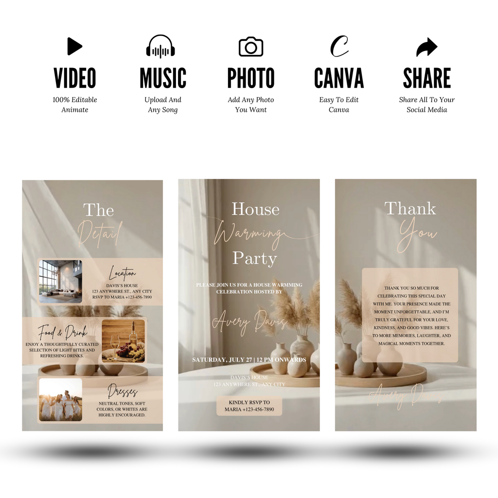 Minimal housewarming party invitation with elegant typography and simple icons