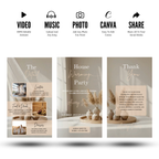 Minimal housewarming party invitation with elegant typography and simple icons