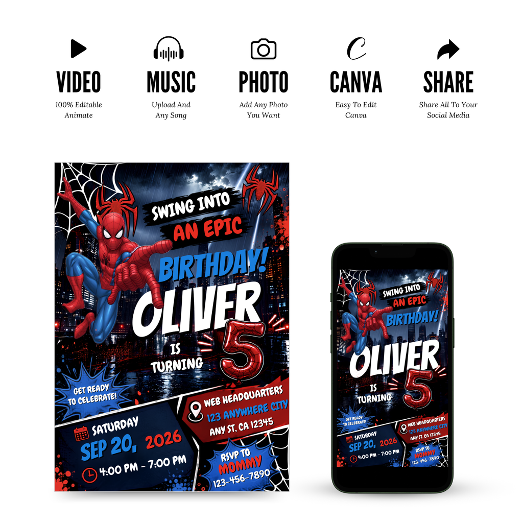 Editable superhero birthday invitation Canva template