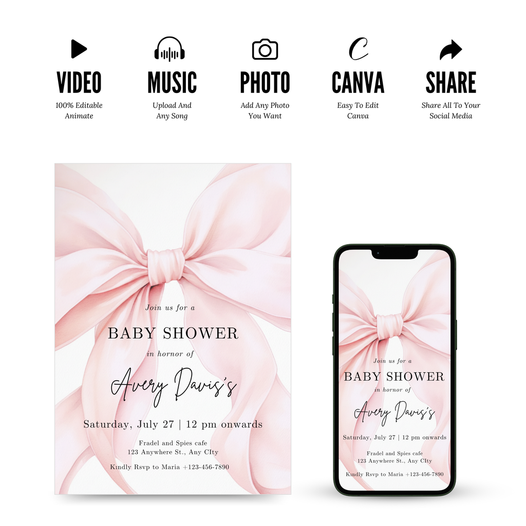 Blush Pink Bow Baby Shower Invitation Template with soft pink background and elegant bow design