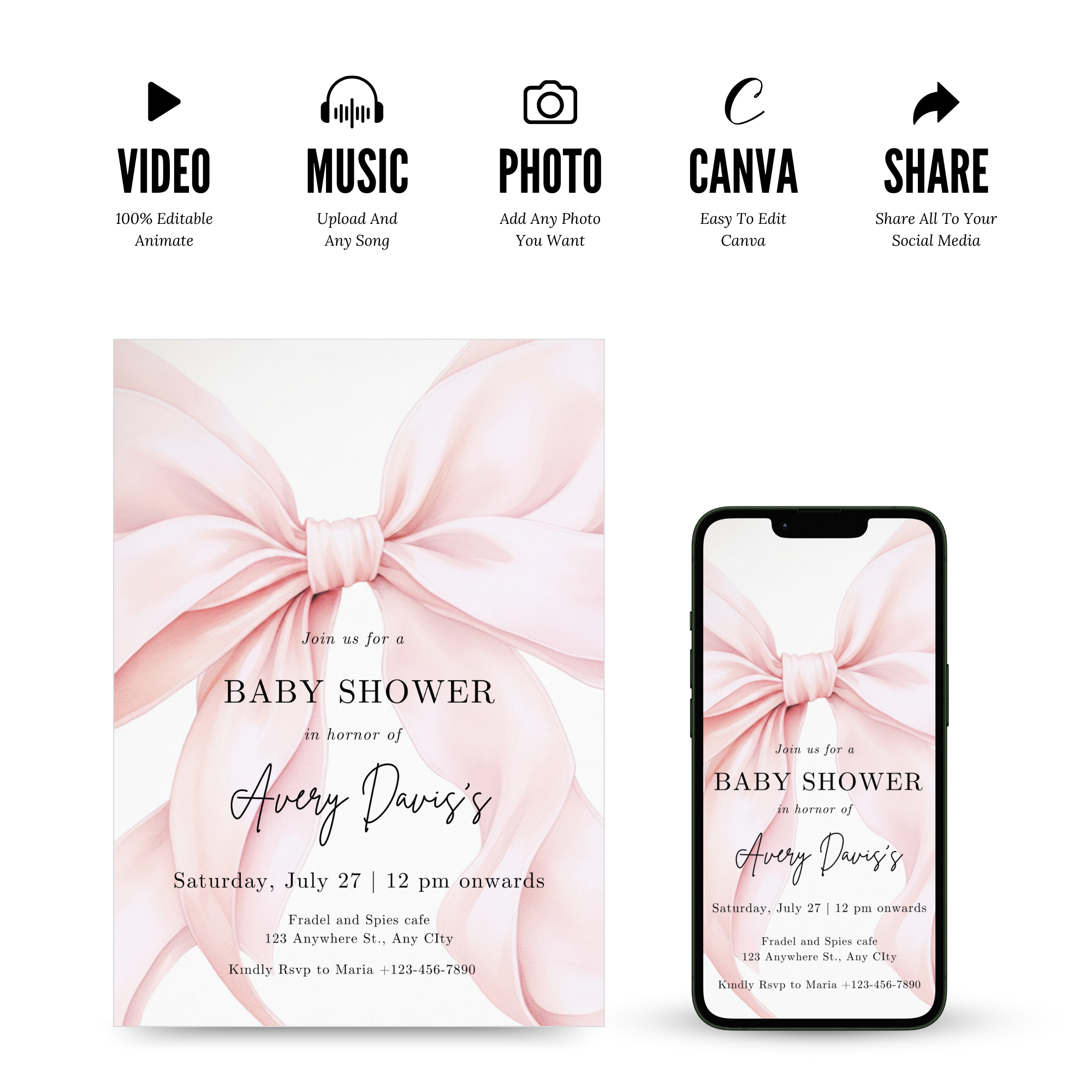 Blush Pink Bow Baby Shower Invitation Template with soft pink background and elegant bow design