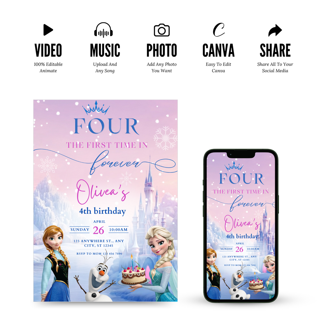 Canva frozen birthday invite for winter princess themed party