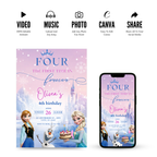 Canva frozen birthday invite for winter princess themed party
