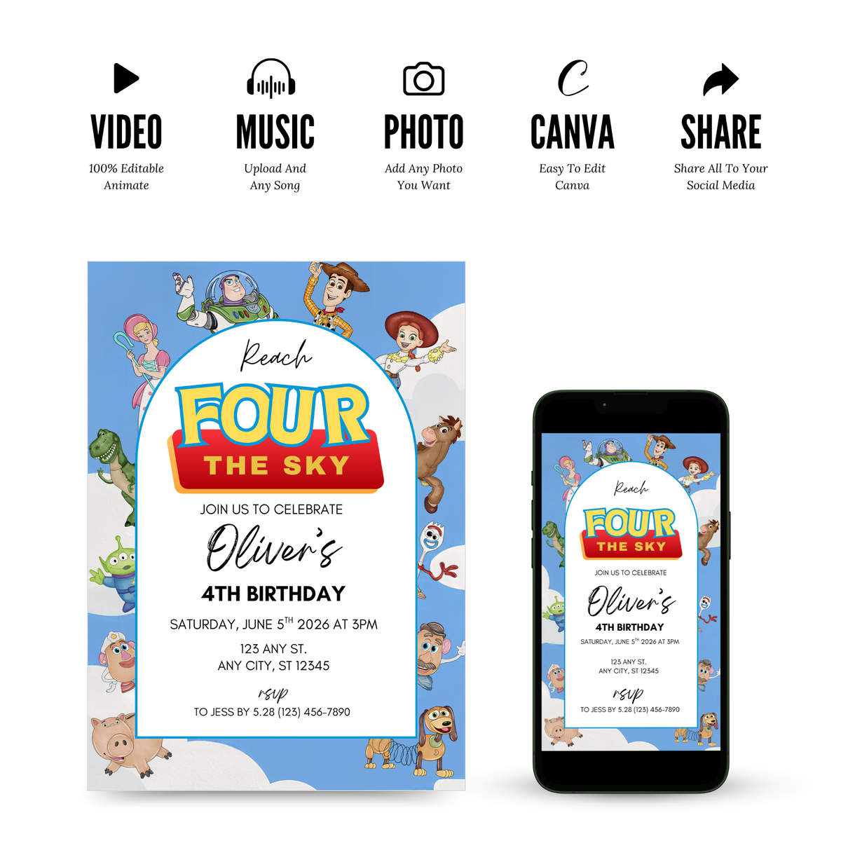 Editable Toy Story birthday invitation for boys and girls