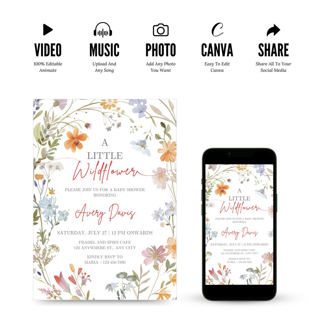 A Little Wildflower Baby Shower Invitation with soft watercolor flowers and greenery