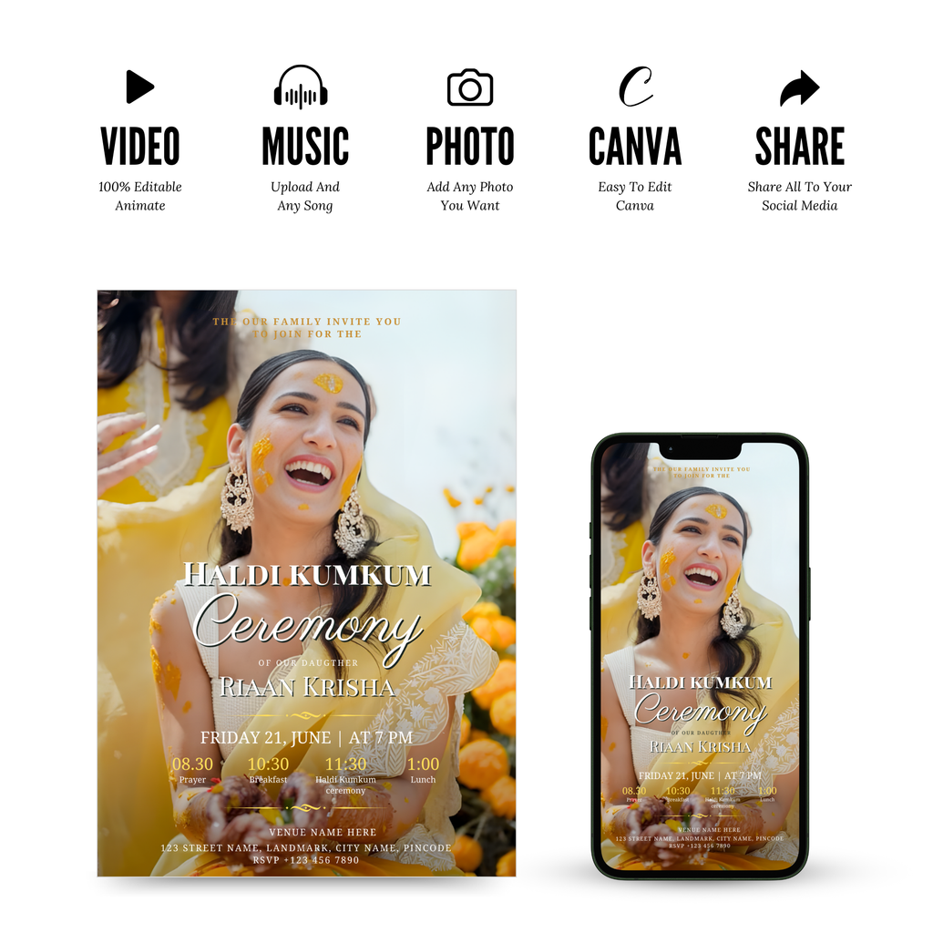 Traditional Haldi Kumkum Invitation with marigold and diya design