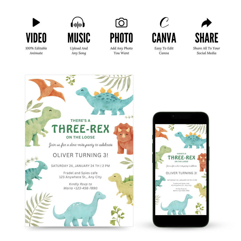 Three Rex Birthday Invitation with cute T-Rex illustration for a 3rd birthday party