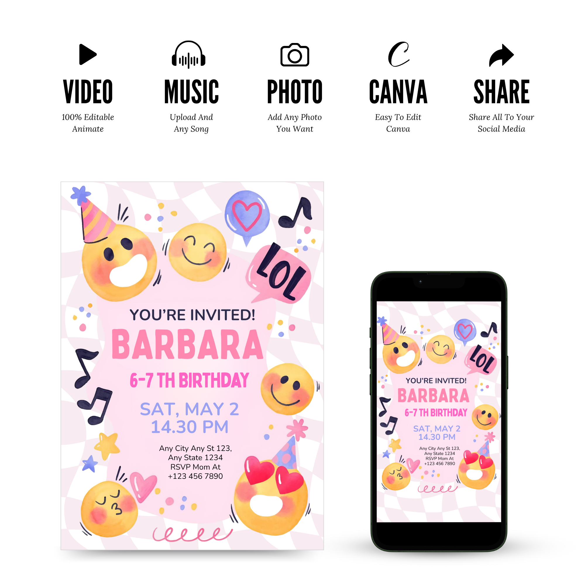 emoji celebration party invite modern design