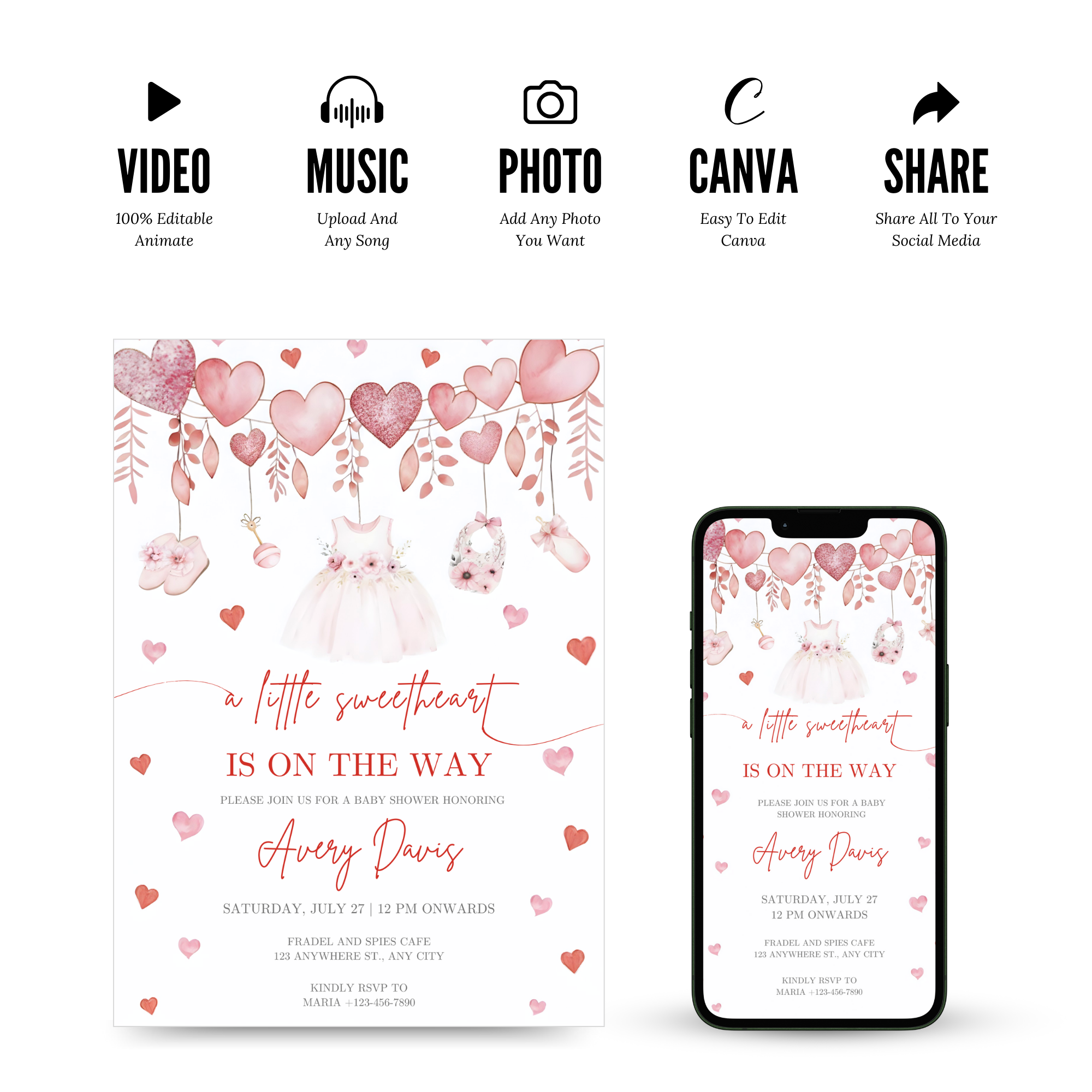 Little Sweetheart Baby Shower Invitation with pink heart design