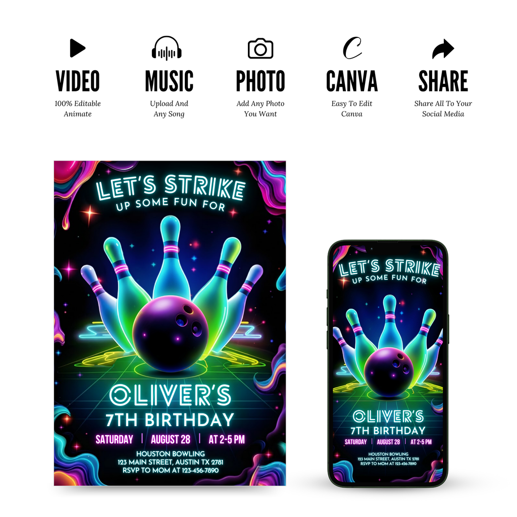 editable bowling invitation canva kids birthday