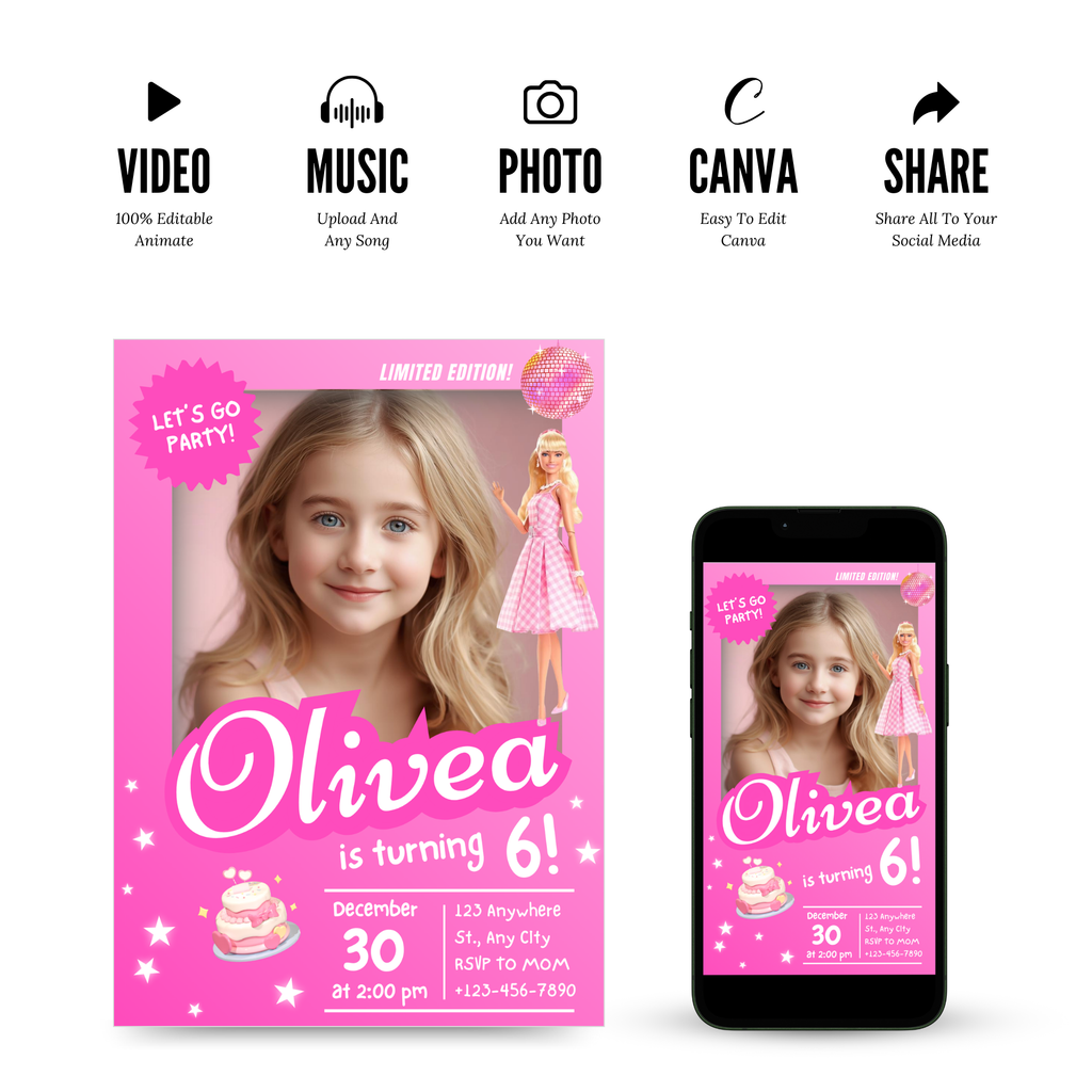 Barbie invitation template in pink glam style with editable text layout for a Barbie themed birthday party