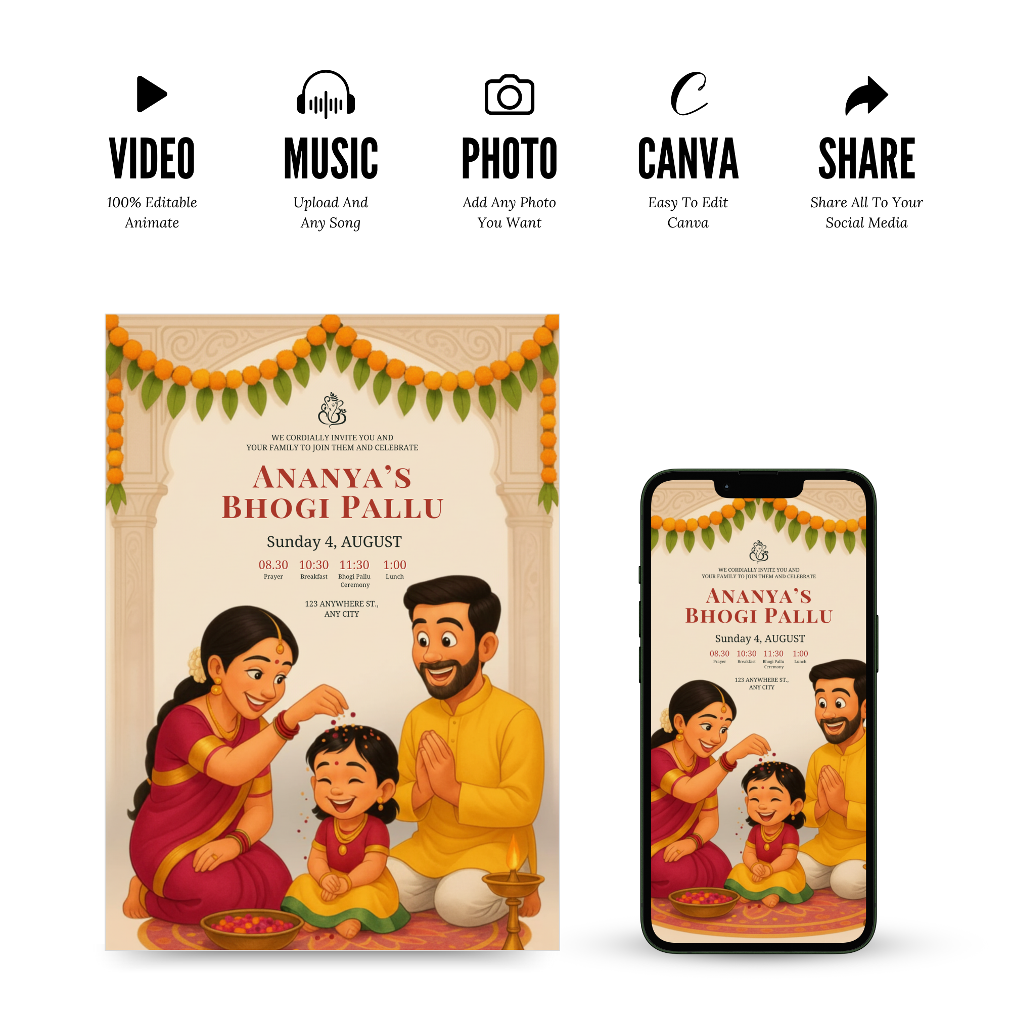 Bhogi Pallu invitation with traditional South Indian festive design