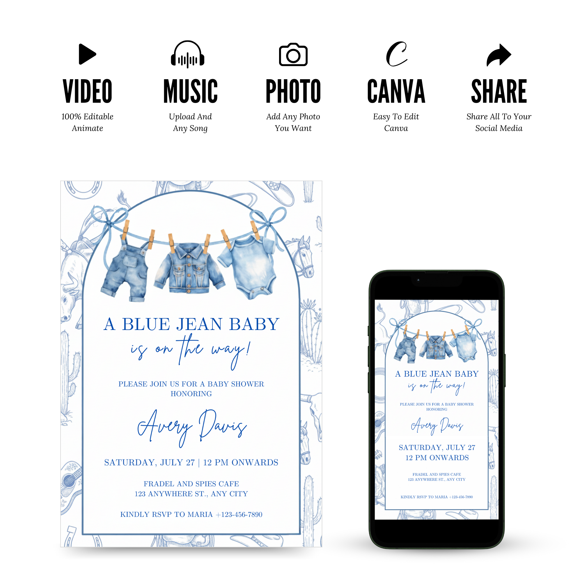 Blue Jean Baby Shower Invitation with denim texture and blue tones