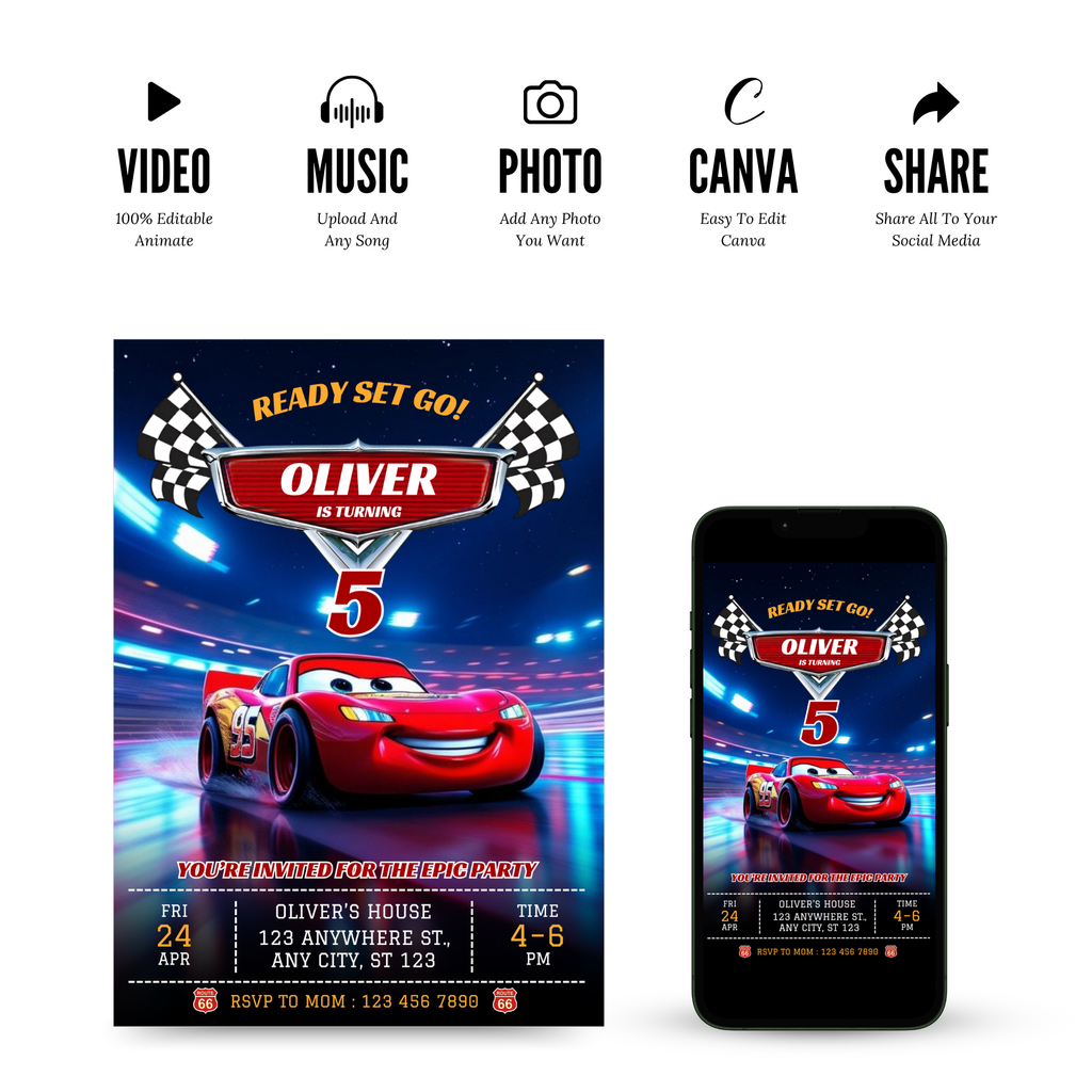 Kids birthday invitation Lightning McQueen Canva editable