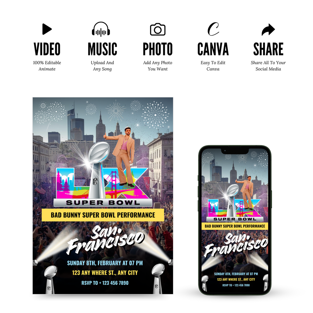 2026 Super Bowl watch party invitation inspired by Bad Bunny style with vibrant Latin music theme