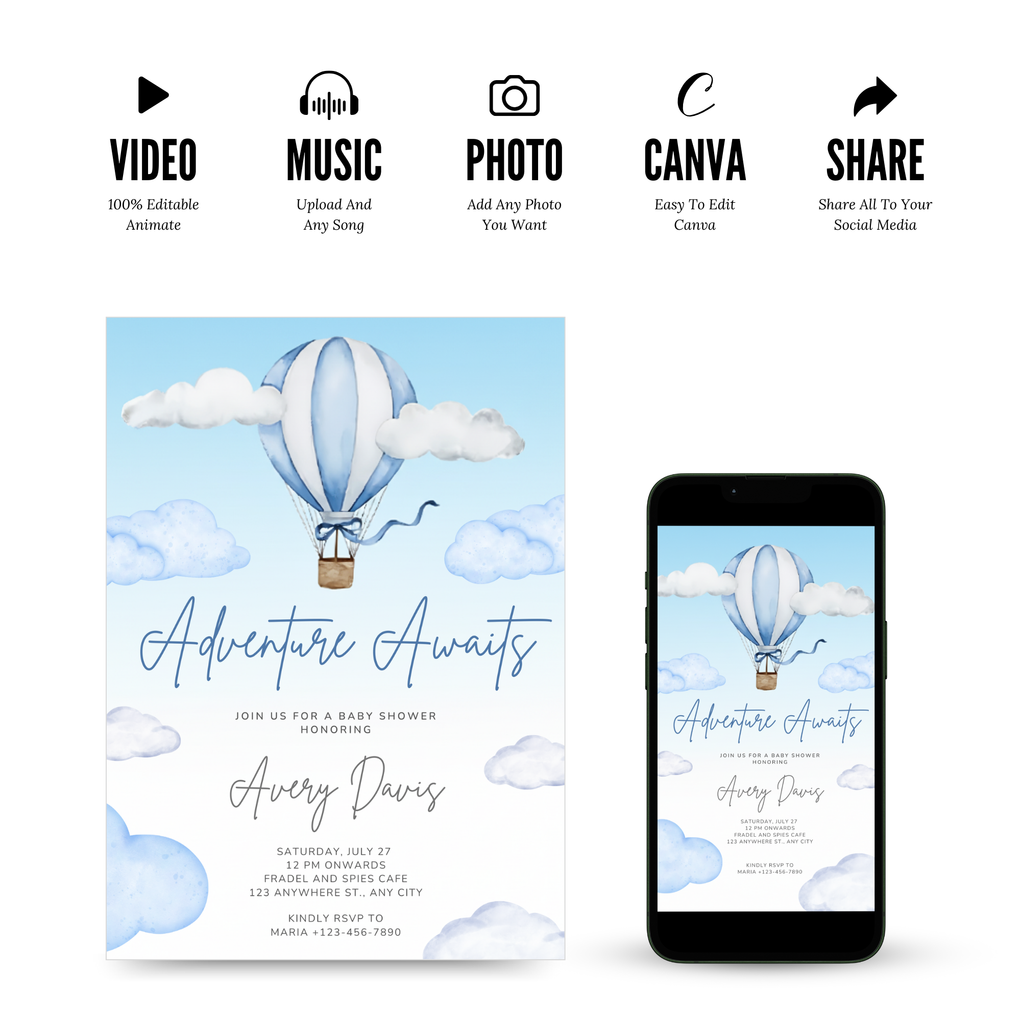 Adventure Awaits Baby Shower Invitation Air Balloon Up with pastel hot air balloons