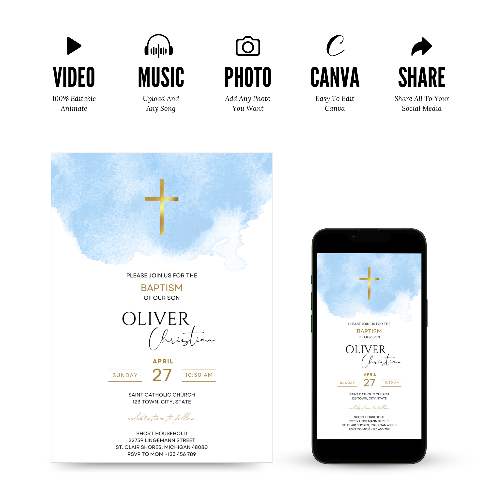 Boy baptism invitation with blue cross and elegant typography