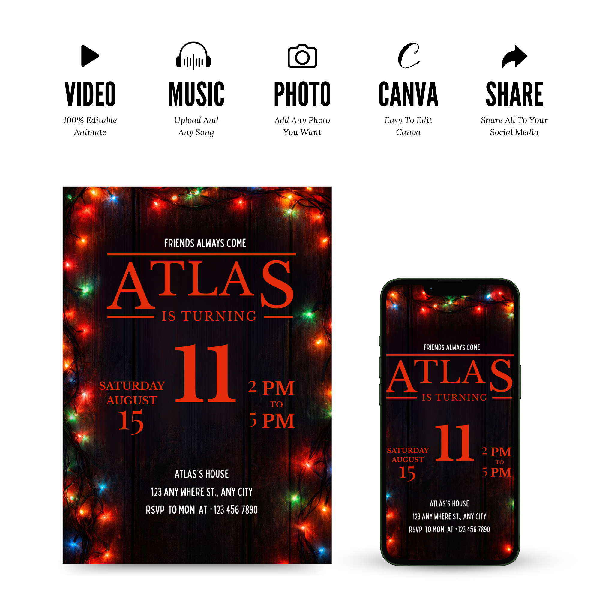 Neon retro Stranger Things party invitation editable in Canva